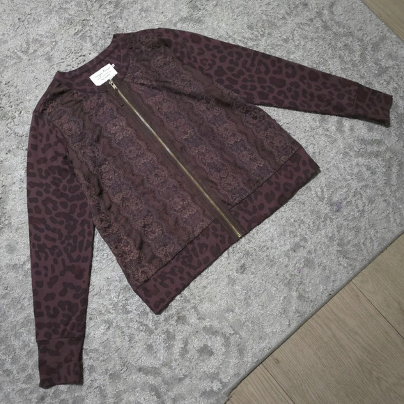 EVY'S TREE Leopars Knit Pieced Jacket, Lace Front Panel, Chocolate Brown, XL - Picture 12 of 16